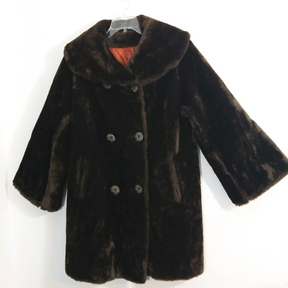 Vintage 60s 70s dbl brst chocolate faux fur coat - Picture 2 of 10